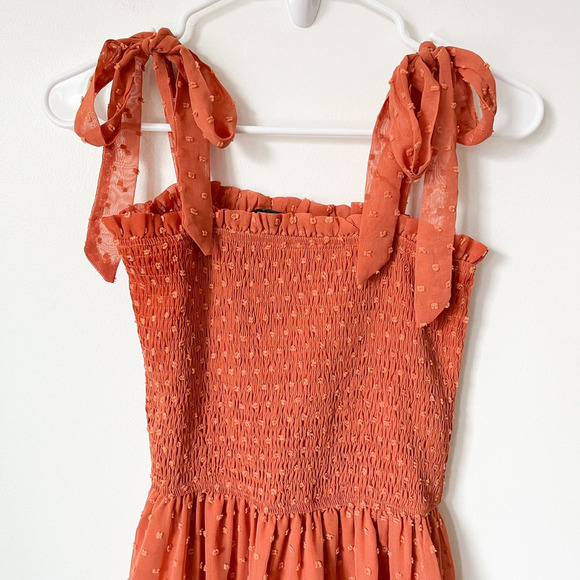 Zesica Swiss Dot Tie Strap Smocked Maxi Dress Terracotta Small Spring Summer - Picture 2 of 11